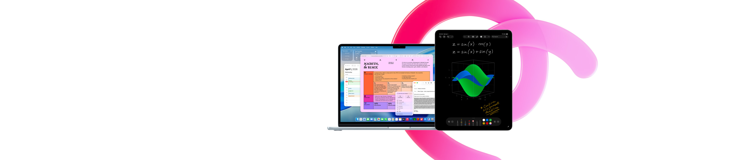 MacBook Air shows Pages, Calendar, Alert, and Mail alongside an iPad that shows handwritten equations in Math Notes, demonstrating productivity with built-in apps