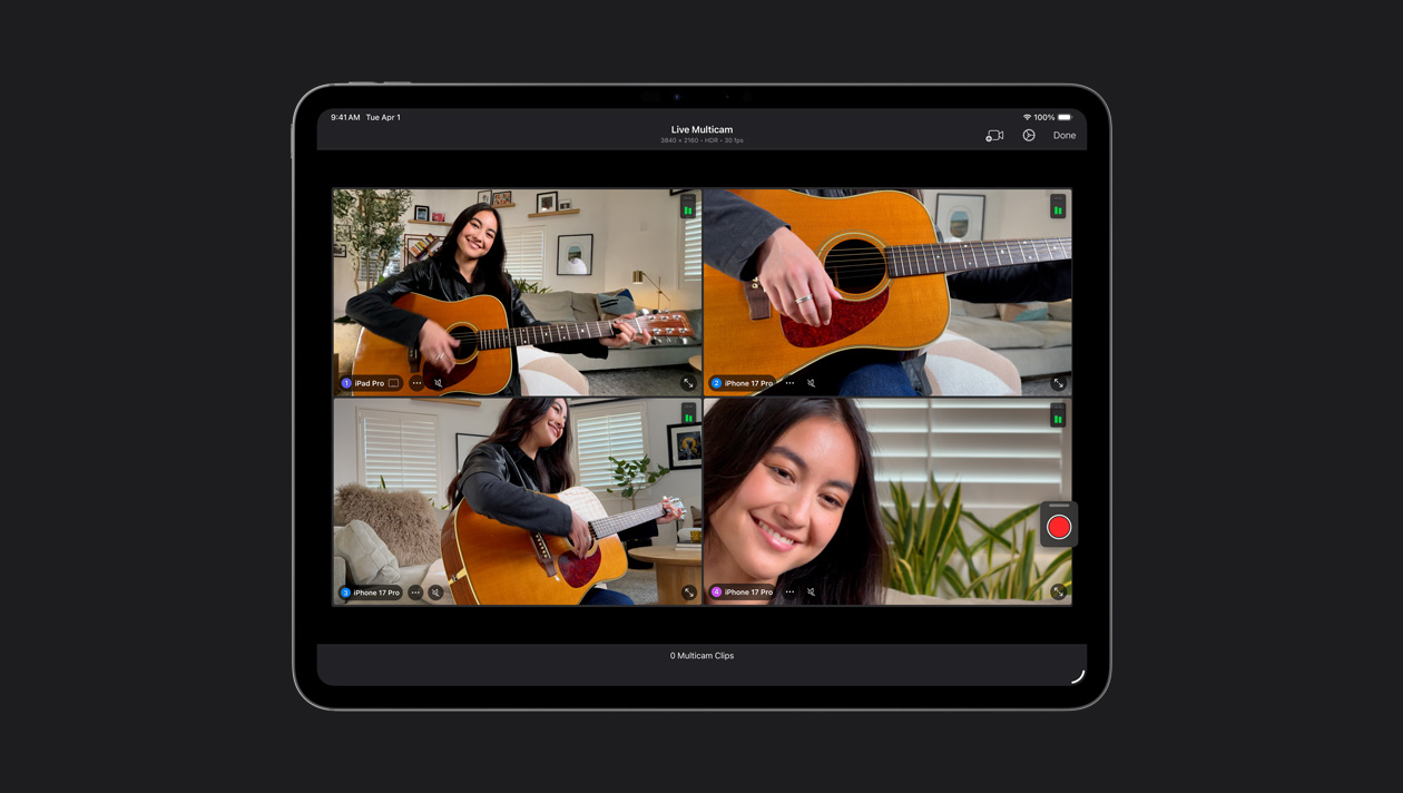 iPad Pro 13 screen showing Live Multicam with four different angles of a person playing guitar using iPad Pro and iPhone 17 Pro devices