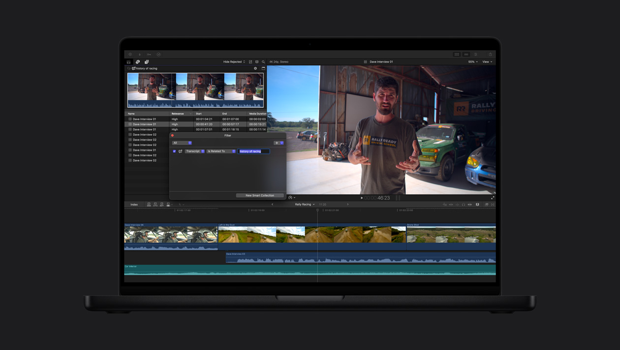 MacBook Pro 16 screen, Demo of Transcript Search finding audio clips where history of racing is mentioned