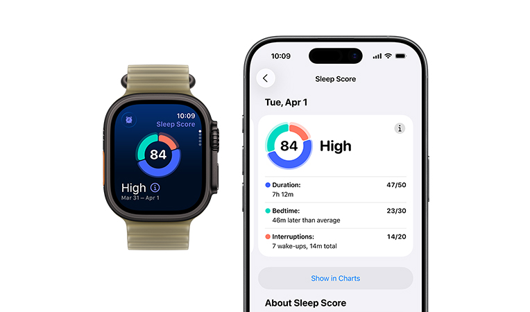 Apple Watch Ultra 3, caja de titanio, color negro, gráfico circular y valoración de calidad del sueño, lateral izquierdo exterior, botón Acción, lateral derecho exterior, Digital Crown, botón lateral, correa Ocean, color negro, análisis de sueño completo abierto en un iPhone enlazado