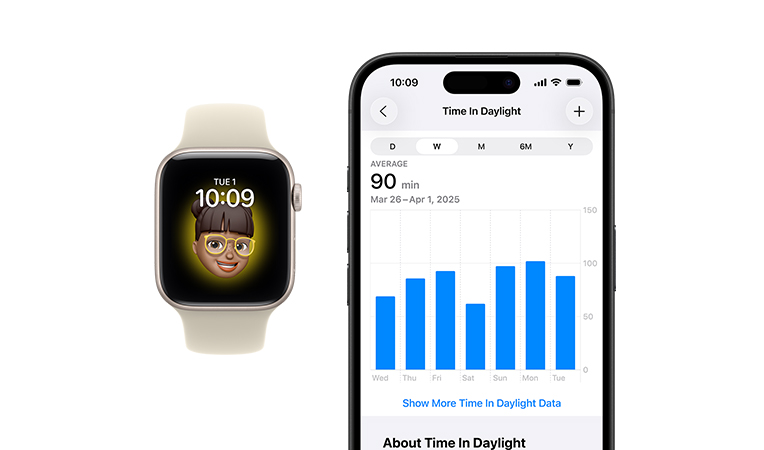 Apple Watch SE 3, caja de aluminio, color blanco estrella, esfera Memoji, iPhone, pestaña para compartir datos de salud con horas de exposición a la luz diurna
