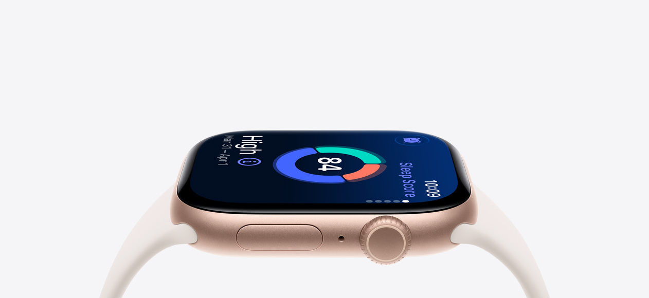 Apple Watch Series 11, χρώμα ροζ χρυσό, κάσα από αλουμίνιο, λειτουργία ποιότητας ύπνου, εξωτερική δεξιά πλαϊνή όψη, Digital Crown, μικρόφωνο, πλαϊνό κουμπί, λουράκι Sport Band σε χρώμα αστροφεγγιά