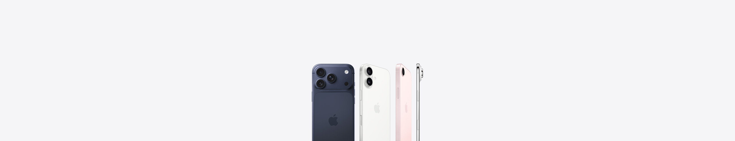 iPhone 17 Pro, πίσω όψη, βαθύ μπλε χρώμα, σύστημα κάμερας Pro Fusion στην επάνω αριστερή γωνία, λογότυπο Apple στο κέντρο, iPhone 17, πίσω όψη, λευκό χρώμα, σύστημα κάμερας Dual Fusion στην επάνω αριστερή γωνία, λογότυπο Apple στο κέντρο, iPhone 17e, πίσω όψη, απαλό ροζ χρώμα, σύστημα κάμερας Fusion στην επάνω αριστερή γωνία, λογότυπο Apple στο κέντρο, iPhone Air, πλαϊνή όψη, προφίλ πλαίσίου από τιτάνιο, σύστημα κάμερας Fusion στην επάνω αριστερή γωνία
