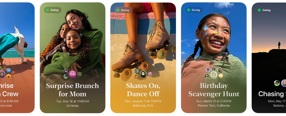 En rad med Apple Invitasjoner med fargerike, spesialutviklede bilder for arrangementer kalt Surprise Brunch for Mom, Skates On, Dance Off og Birthday Scavenger Hunt