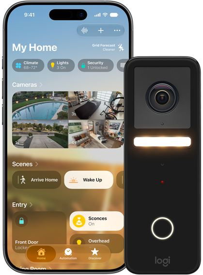 iPhone og et overvåkningskamera som bruker funksjonene i Sikker HomeKit‑video.