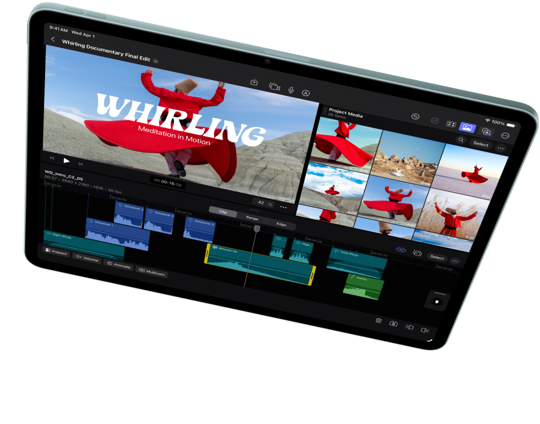 iPad Air in landscape orientation, showcasing video editing in Final Cut Pro