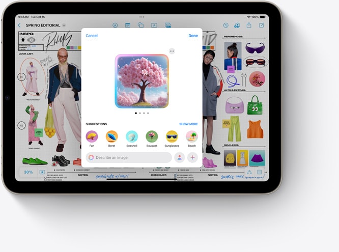 iPad mini يعرض Image Playground، وهي ميزة جديدة في Apple Intelligence تُستخدم مع تطبيق المساحة الحرة.