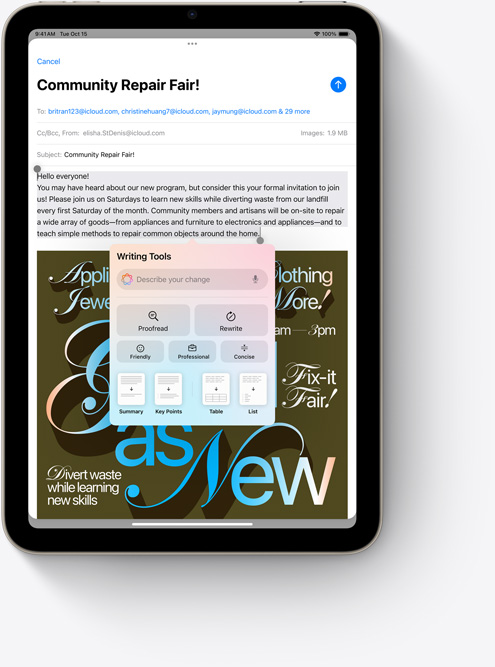 iPad mini يعرض أدوات الكتابة في تطبيق البريد، وهي ميزة جديدة فيApple Intelligence.