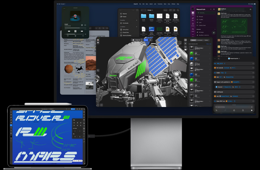 iPad Pro fixé à un Magic Keyboard, face avant, tous deux connectés à un Mac Studio Display externe, écran de l’iPad Pro affichant une app de design graphique avec texte et couleurs éclatantes, Studio Display montrant diverses apps et un modèle 3D