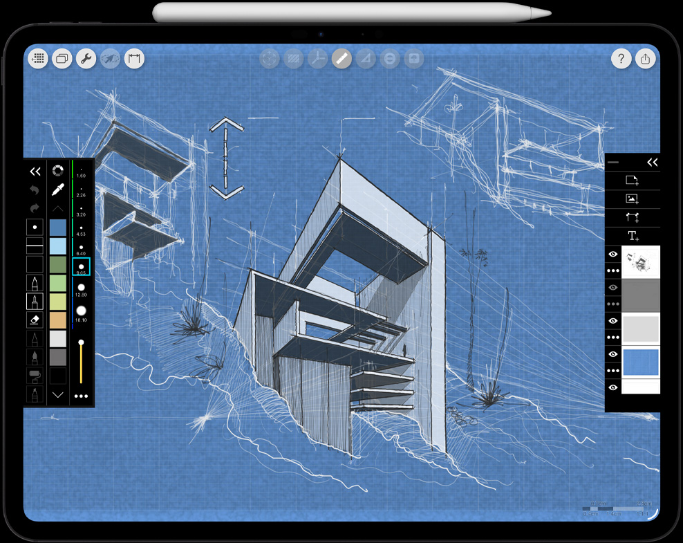 Parte da frente do iPad Pro preto-espacial na horizontal com o Apple Pencil Pro apoiado na parte superior. Imagem lateral do iPad Pro branco na horizontal com um desenho arquitetônico com efeitos e ferramentas abertos nos menus esquerdo e direito na tela