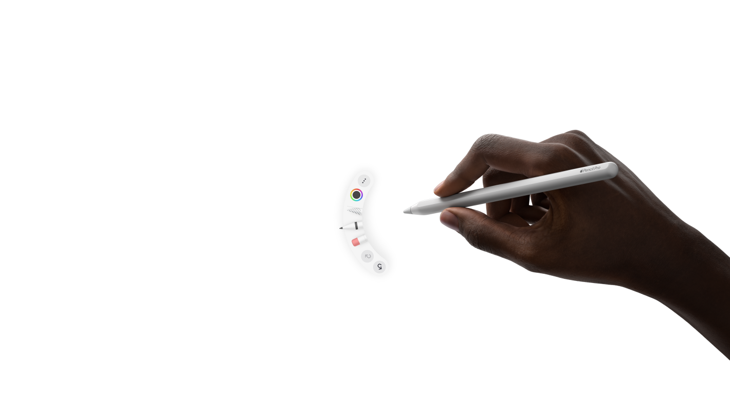 Parte da frente do iPad Pro na horizontal, animação de uma mão segurando o Apple Pencil Pro, o gesto Apertar abre uma paleta de ferramentas embaixo da ponta do lápis