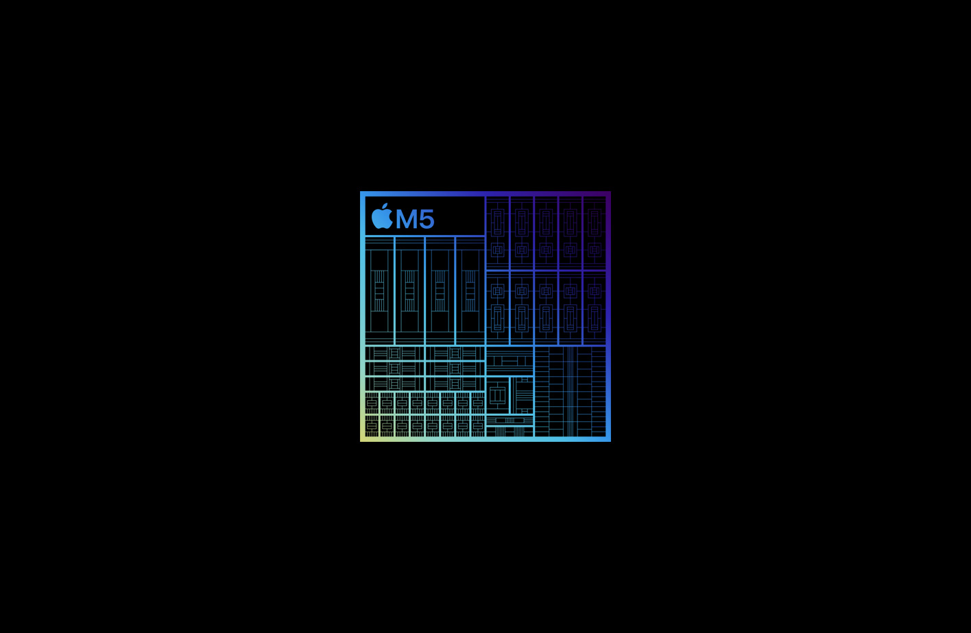 Imagem da arquitetura ampliada do chip M5, com esquemas de cores em verde, azul e roxo, circuitos complexos, vários componentes e conectores