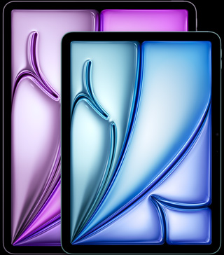 Imagem da parte da frente do iPad Air de 13 polegadas e do iPad Air de 11 polegadas na vertical, mostrando os cantos arredondados e a tela com borda preta, que exibem formas abstratas em rosa, verde e azul