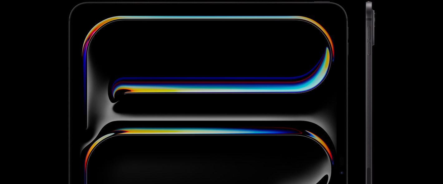 Parte da frente do iPad Pro preto-espacial na vertical, tela com borda preta mostrando uma ilustração em várias cores e linhas curvas, à direita, lateral do iPad Pro na vertical, design fino, botões de aumentar e diminuir o volume, sistema de câmera Pro elevado