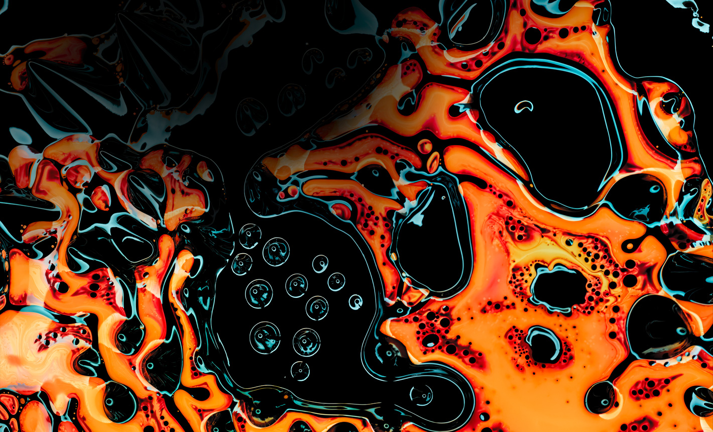 Parte da frente do iPad Pro na horizontal, mostrando na tela uma imagem vibrante de formas e bolhas abstratas em preto e laranja, ilustrando a avançada tecnologia Ultra Retina XDR