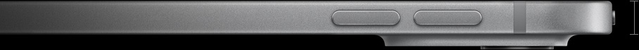Imagem lateral do iPad Pro prateado de 13 polegadas, mostrando a espessura fina de 5,1 mm, os botões de volume e o sistema de câmera Pro à direita