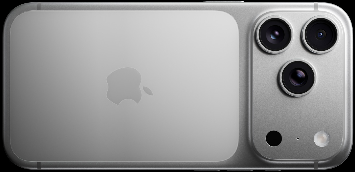 „iPhone 17 Pro“, sidabro spalvos, galinė pusė, „Pro Fusion“ kamerų sistema, 3 objektyvai, mikrofonas, blykstė, priartinimo parinktys