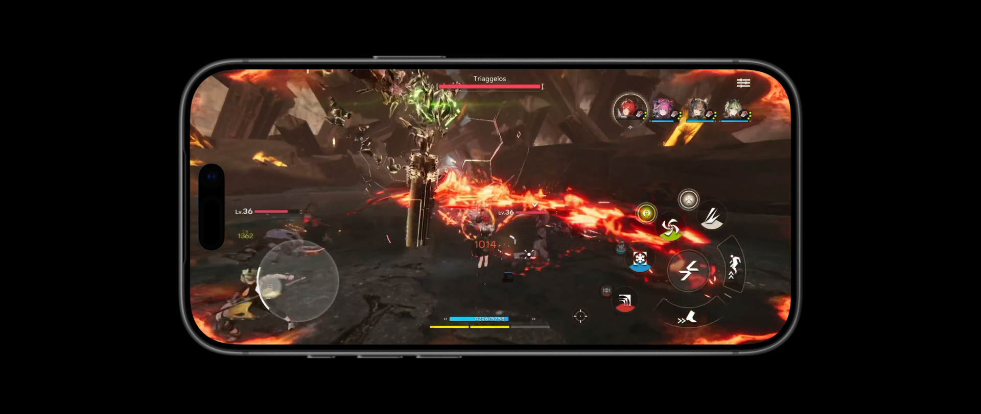 iPhone 17 Pro, front exterior, demonstrating the performance capabilities of the A19 Pro chip with a scene from the Arknights: Endfield video game