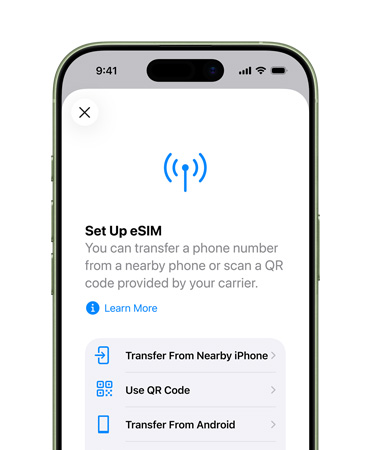 iPhone 17, front exterior, using the Set Up Cellular feature to easily transfer a phone number with eSIM