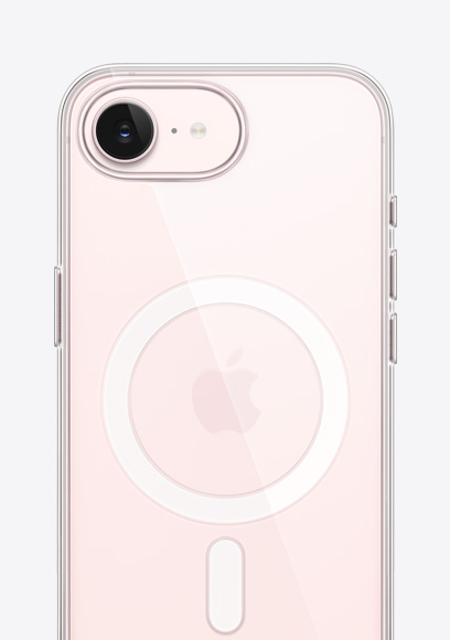 iPhone 17e, back exterior, soft pink color, Clear Case with MagSafe, Fusion camera at top, centered Apple logo