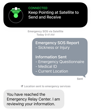 Emergency SOS via satellite feature in use, contacting emergency services to get help for a sick or injured person