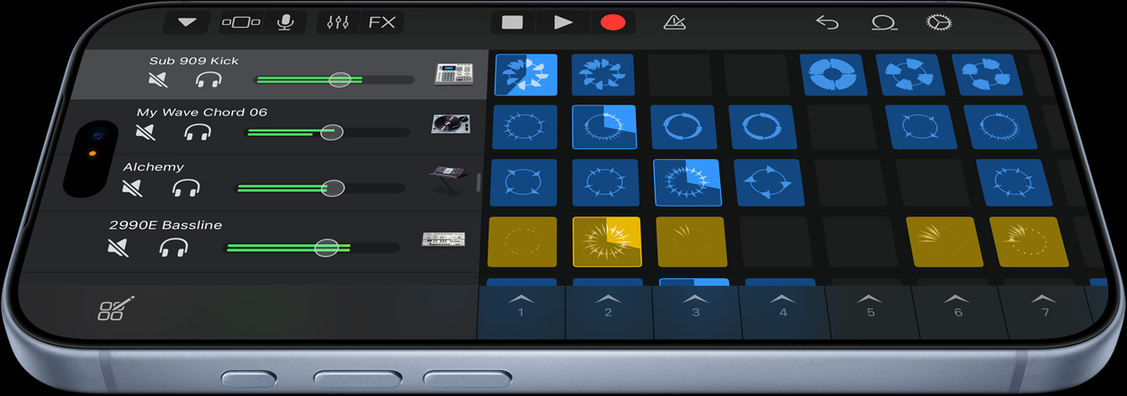 iPhone 18 Pro i glaciär som visar användargränssnittet i musikproduktionsappen Logic Pro