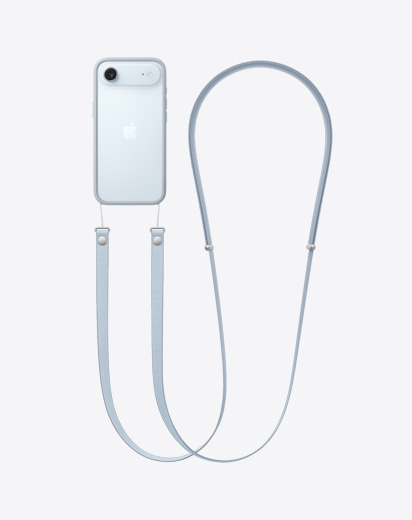 iPhone Air, back exterior, light blue Bumper with Crossbody Strap attached