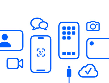 Apple devices and features, iCloud, iPhone with Face ID and charging cable, Camera, messaging, Messages.