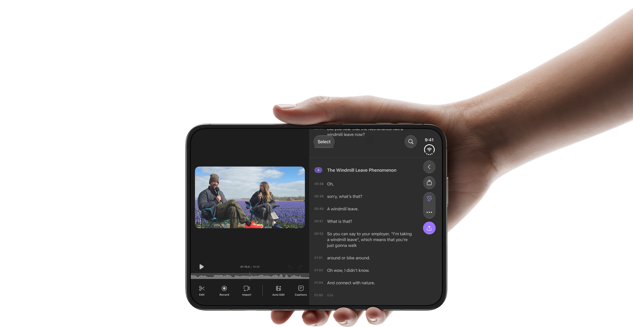 iPhone Duo, dibuka dalam posisi horizontal, Detail, aplikasi pengeditan AI, ditampilkan di layar dalam
