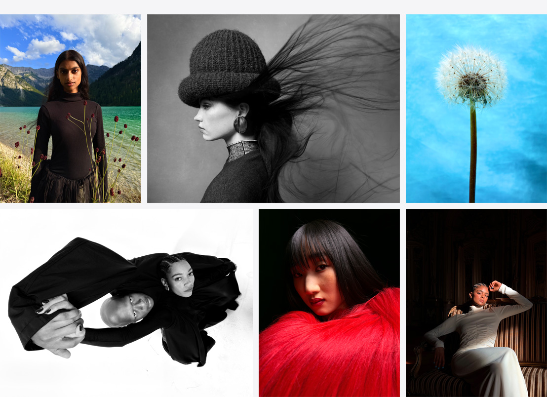 Series of iPhone photos, woman standing in front of body of water and mountain landscape, side profile of a woman with a hat and flowing scarf, close-up of dandelion flower, wide-angle black-and-white photo of two people embracing, close-up of a woman wearing a bright red top, close-up of woman sitting in a chair basking in sunlight