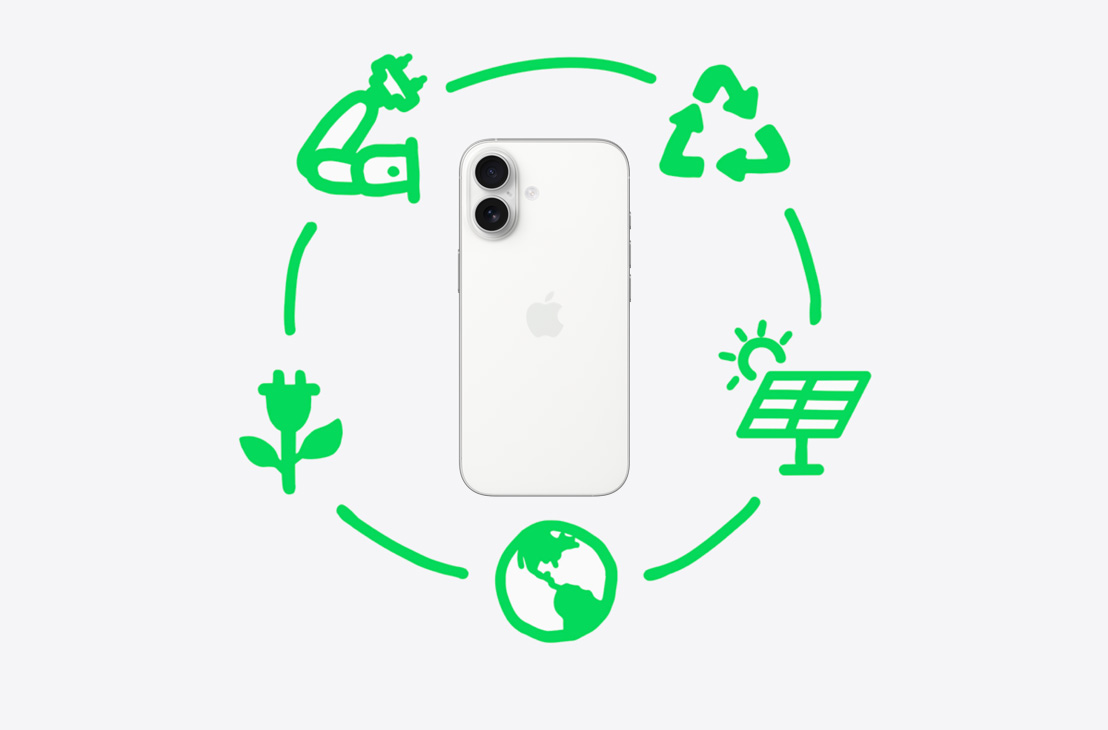 Graphic showing the steps Apple takes to recycle and reuse materials, including design and source, make, package and ship, use, and recover, encircling iPhone 17 in Mist finish, back exterior.