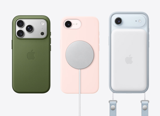 Side-by-side, new iPhone models showing accessories like the TechWoven Case with MagSafe, MagSafe charger, MagSafe battery, and Crossbody Strap