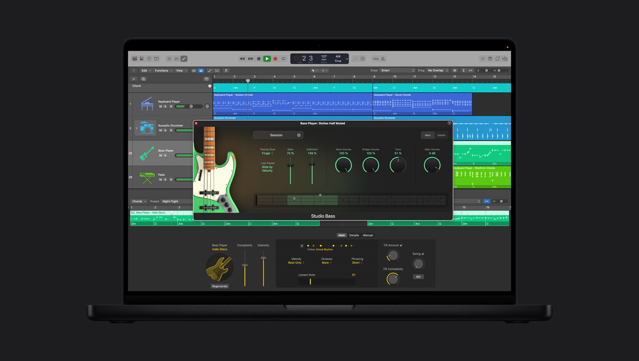 MacBook Pro 16 screen showing Session Players, Studio Bass player sixties half muted and adjustments
