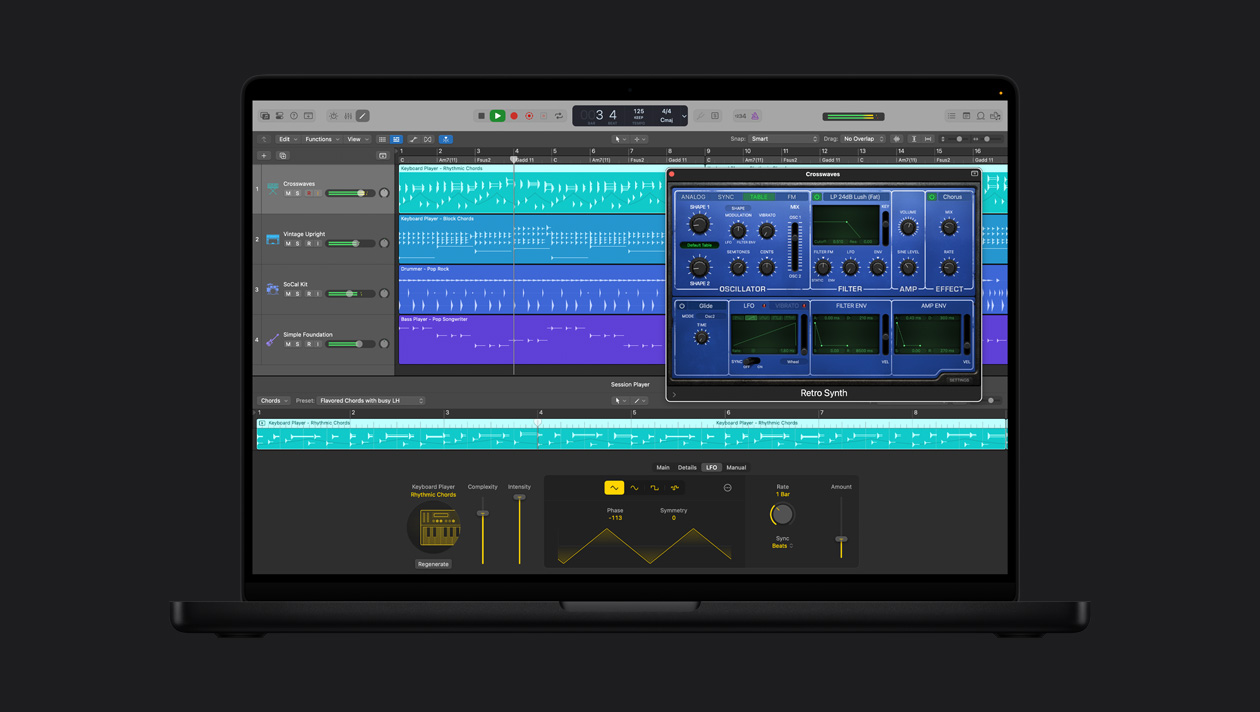 MacBook Pro 16 screen showing Synth Player, Crosswaves window is open with control options, to the left is Vintage Upright, SoCal Kit, Simple Foundation, at the bottom is Keyboard Player Rhythmic Chords controls