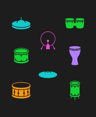 Drum kit symbols, various instruments in different colors