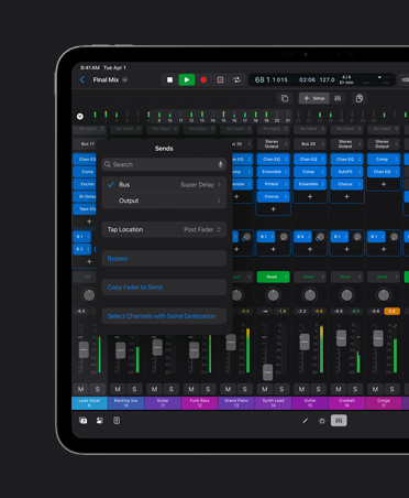 iPad Pro 13 screen showing Mixing workspace with soundwave layers and various dials and settings at the bottom