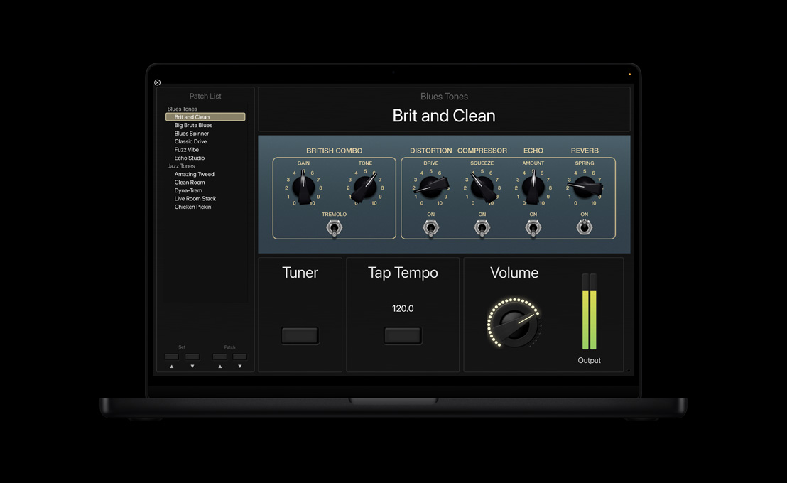 MacBook Pro 16 screen showing Patch List panel on the left, Blue Tones in the center with dials, at the bottom sections for Tuner, Tap Tempo, Volume