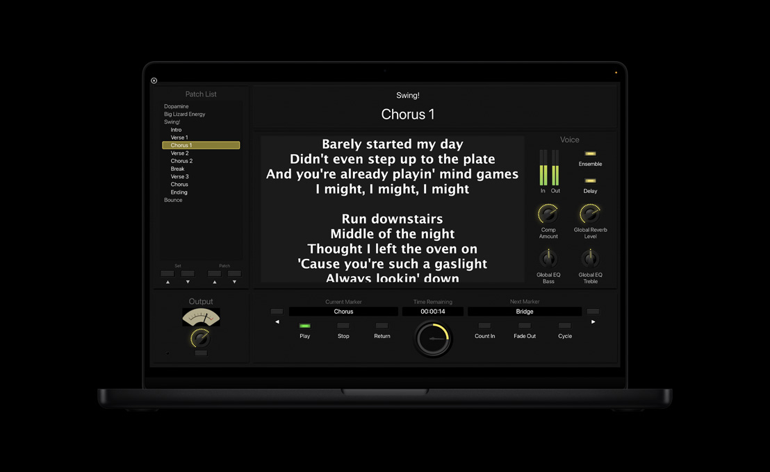 MacBook Pro 16 screen showing Patch List panel on the left, Chorus 1 lyrics in the center, Voice settings on the right, at the bottom sections for Output, Current Marker, Time Remaining, and Next Marker