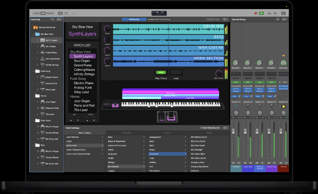 MacBook Pro 16 screen showing MainStage workspace, a left panel with various files, at the bottom Patch Settings with Patch Library of sounds, to the right Channel Strips and controls