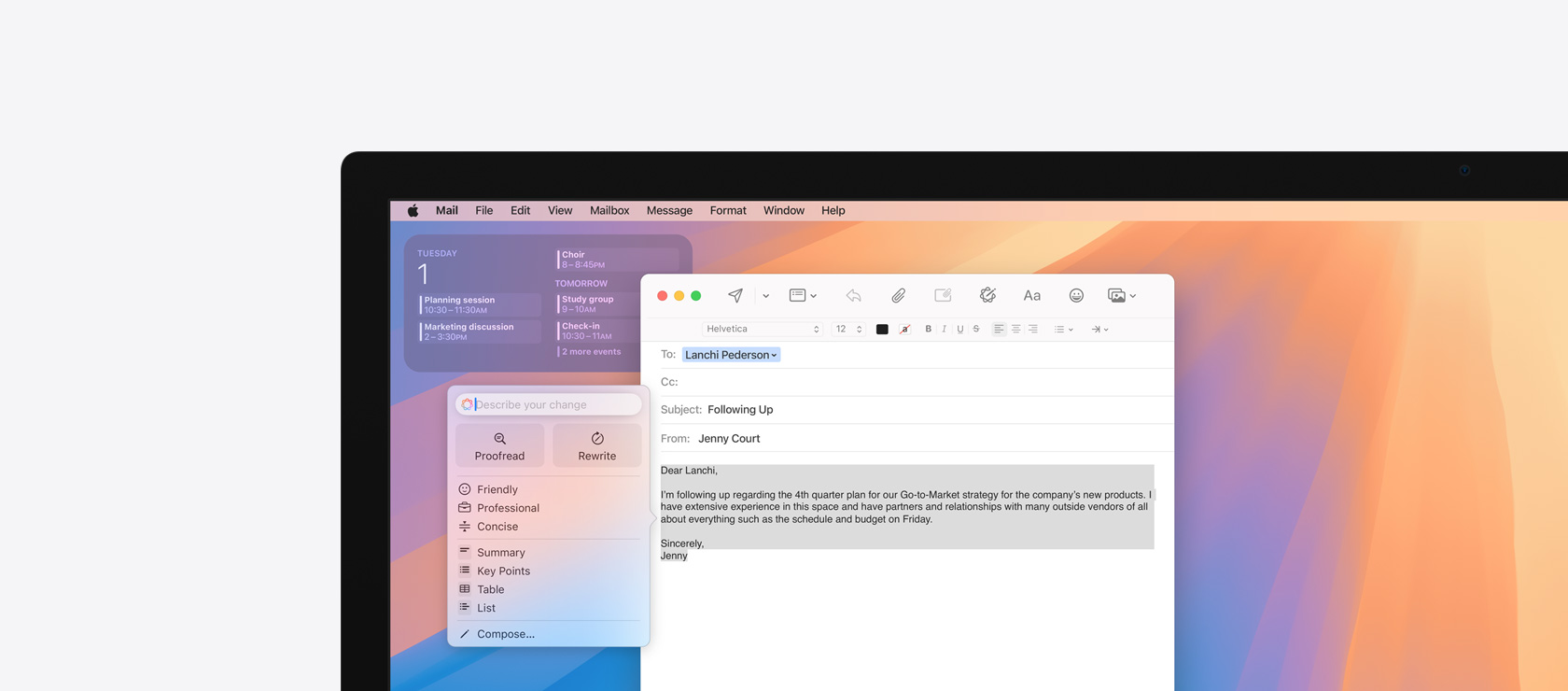 Screen displaying Apple Intelligence feature Writing Tools in Mail.
