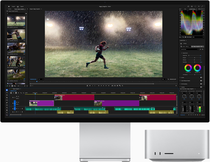 Studio Display XDR, ekranda Adobe Premiere uygulaması ve yağmur altında bir spor sahasında koşan bir atlet görseli gösteriliyor, Mac Studio, önden görünüm