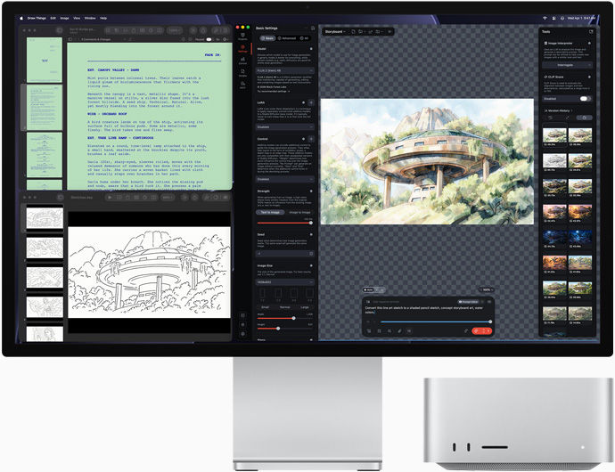 Studio Display XDR. A tela mostra desenhos arquitetônicos nos apps Draw Things, Pages e Keynote. Imagem da frente do Mac Studio