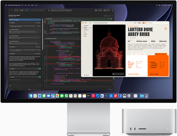 Studio Display XDR. A tela mostra um documento em andamento no Claude Agent no XCode. Imagem da frente do Mac Studio