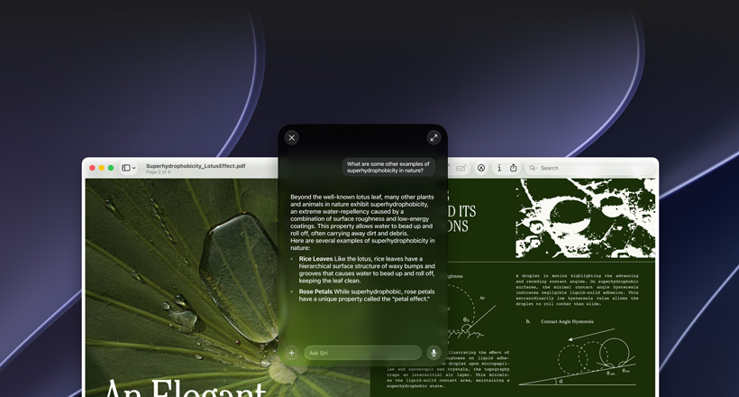 Demonstração da Siri e da Inteligência Visual. Uma pessoa pesquisa um tópico em um PDF na tela do Mac. Pergunta sobre exemplos de super-hidrofobia na natureza. Resposta da Siri