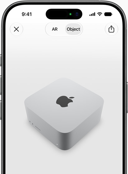 Prévia do Mac Studio em realidade aumentada no iPhone.