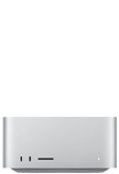 Parte da frente do Mac Studio prateado com duas portas USB-C, slot para cartão SDXC, luz indicadora de status, base mais estreita, parte superior reta, laterais arredondadas e bordas retas.