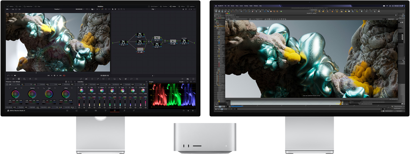 Studio Display. A tela mostra o DaVinci Resolve Studio com uma imagem abstrata multicolorida ampliada. Ao lado, o Studio Display XDR exibe o Houdini e o Maxon Redshift com a mesma imagem