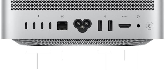 Mac Studio, Rückseite, Aluminium-Lüftungslöcher, vier Thunderbolt 5 Anschlüsse, ein Ethernet Anschluss, ein Netzanschluss, zwei USB‑A Anschlüsse, ein HDMI Anschluss, ein Kopfhöreranschluss und Ein‑/Ausschalter