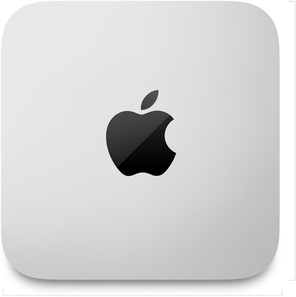 Mac Studio, Gehäuseoberseite, silbernes Aluminium, quadratisch, gerundete Ecken, schwarz glänzendes Apple Logo in der Mitte