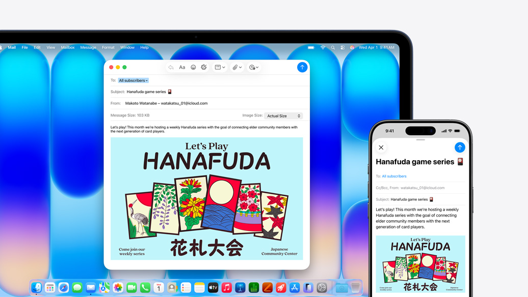 MacBook Neo, color índigo, junto a un iPhone, ambas pantallas muestran el mismo email, que anuncia un evento en un centro comunitario